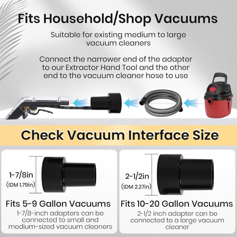 Pumpoasis Extractor Hand Tool for Shop Vac,Mytee,Add Cleaning Brushes,Anti Fall Transparent Shell,1/4”Quick Connect,with 2-1/2"&1-7/8" Adapters,for Upholstery & Carpet Cleaning and Car Detailing - Image 2